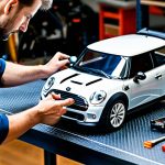 A professional male RC car enthusiast, fully clothed in a modest work shirt and trousers, is meticulously examining the underside of a sleek, high-performance mini RC car in a well-lit, organized workshop. He is adjusting a tiny aerodynamic spoiler with precision tools, demonstrating attention to engineering details. The background features a clean workbench with various specialized tools and blueprints. Perfect anatomy, correct proportions, natural pose, well-formed hands, proper finger count, natural body proportions, professional photography, high quality, safe for work, appropriate content, fully clothed, professional.