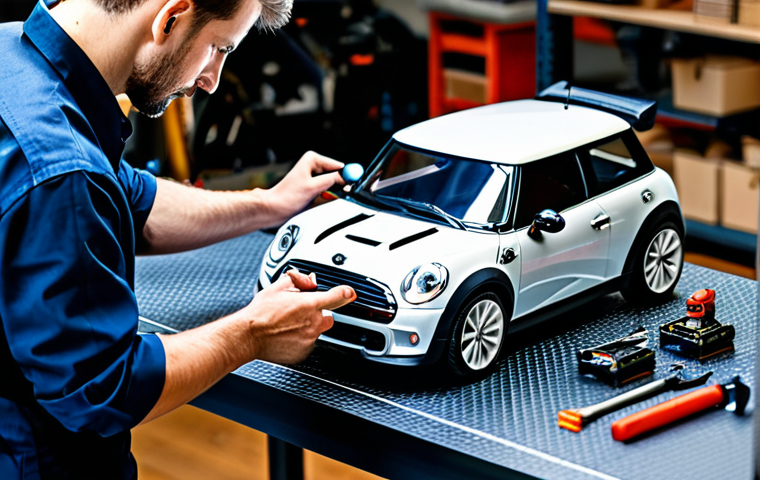 A professional male RC car enthusiast, fully clothed in a modest work shirt and trousers, is meticulously examining the underside of a sleek, high-performance mini RC car in a well-lit, organized workshop. He is adjusting a tiny aerodynamic spoiler with precision tools, demonstrating attention to engineering details. The background features a clean workbench with various specialized tools and blueprints. Perfect anatomy, correct proportions, natural pose, well-formed hands, proper finger count, natural body proportions, professional photography, high quality, safe for work, appropriate content, fully clothed, professional.