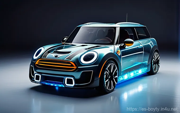 미니카의 최신 기술 동향 - A highly detailed, close-up shot of a futuristic mini-car's transparent chassis, revealing internal,...