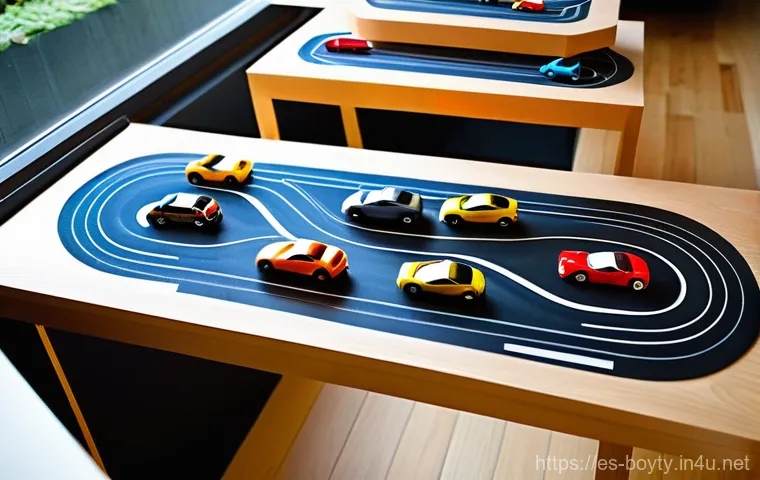 미니카 트랙 보관법 - **Prompt:** A detailed close-up shot focusing on a pair of hands diligently maintaining slot car tra...