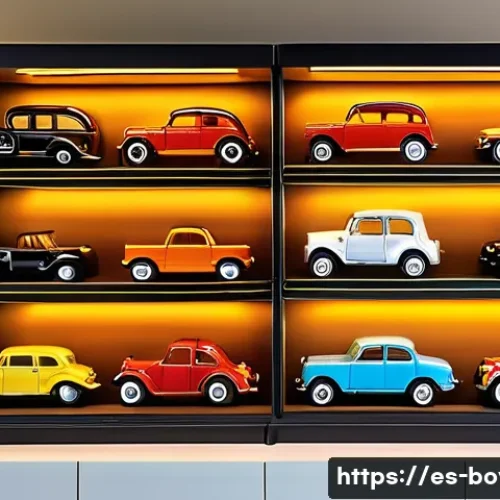미니카 컬렉션 관리 방법 - A stylish display of a detailed miniature car collection inside a glass cabinet with adjustable shel...