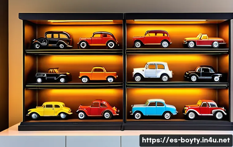 미니카 컬렉션 관리 방법 - A stylish display of a detailed miniature car collection inside a glass cabinet with adjustable shel...