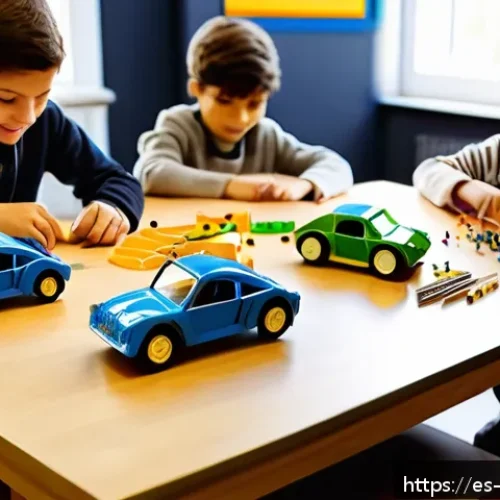 미니카를 활용한 스팀 STEAM  교육 - A vibrant classroom scene in Spain where children aged 6 to 9 are enthusiastically assembling and di...