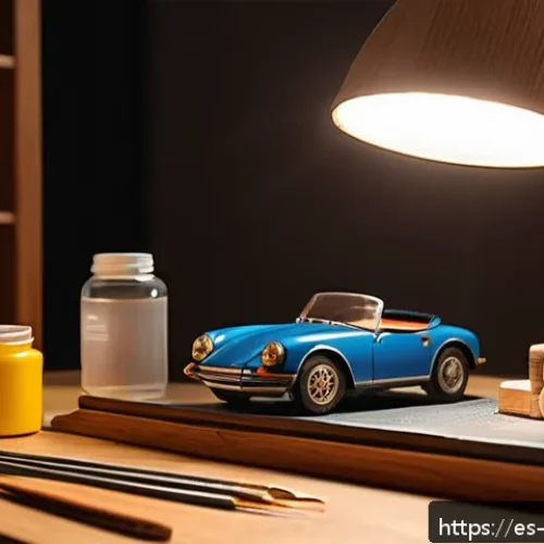 미니카 조립 난이도별 분류 - A cozy miniature workspace scene for a beginner modeler: a small wooden desk with large, simple plas...