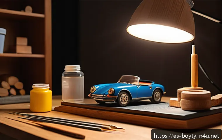 미니카 조립 난이도별 분류 - A cozy miniature workspace scene for a beginner modeler: a small wooden desk with large, simple plas...