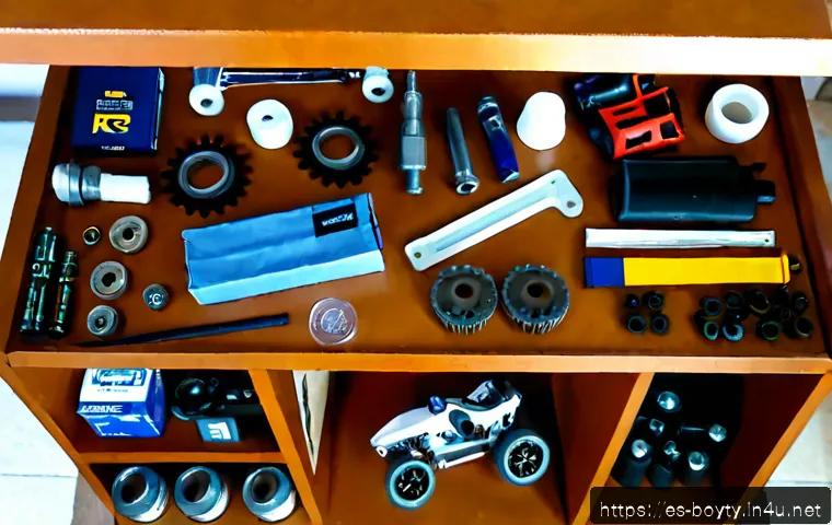 미니카 부품 직구 성공 팁 - Photorealistic overhead view of a neatly organized hobby workbench in a Spanish home, small RC racin...