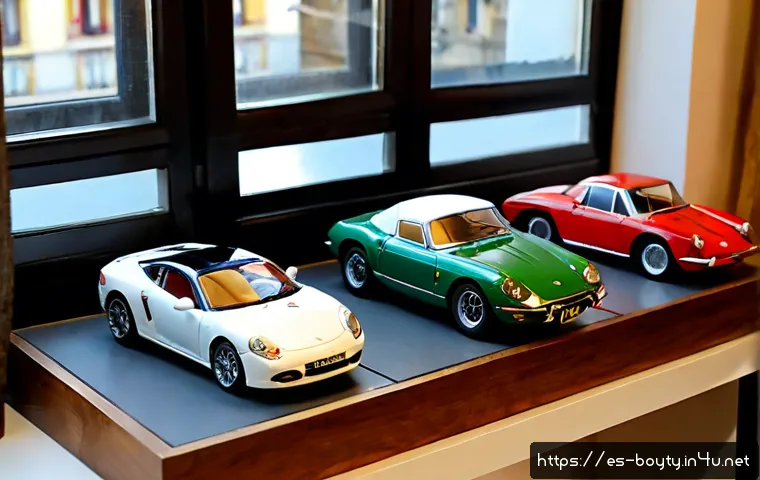 미니카 컬렉션의 가치를 높이는 법 - Photorealistic close-up of a carefully curated die-cast miniature car collection displayed in clear ...